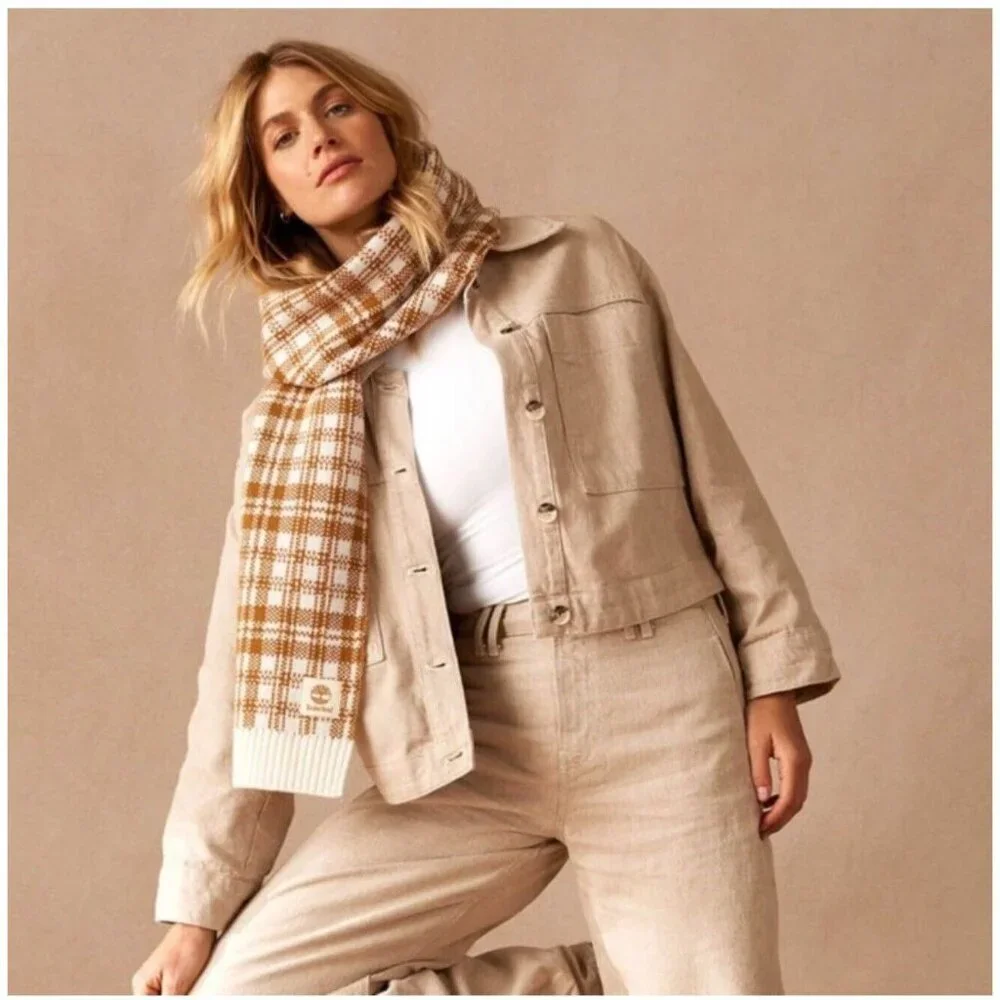 Timberland Scarf Houndstooth Plaid Knit Cozy‎ Logo Checker Tan Cream Fall Winter